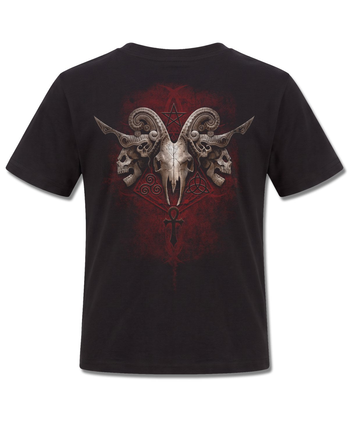 Spiral Faces Of Goth design, back view on Black K101, Rock Off Retail official merch