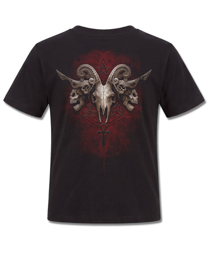 Spiral Faces Of Goth design, back view on Black K101, Rock Off Retail official merch