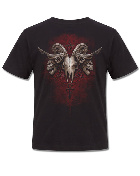 Spiral Faces Of Goth design, back view on Black K101, Rock Off Retail official merch