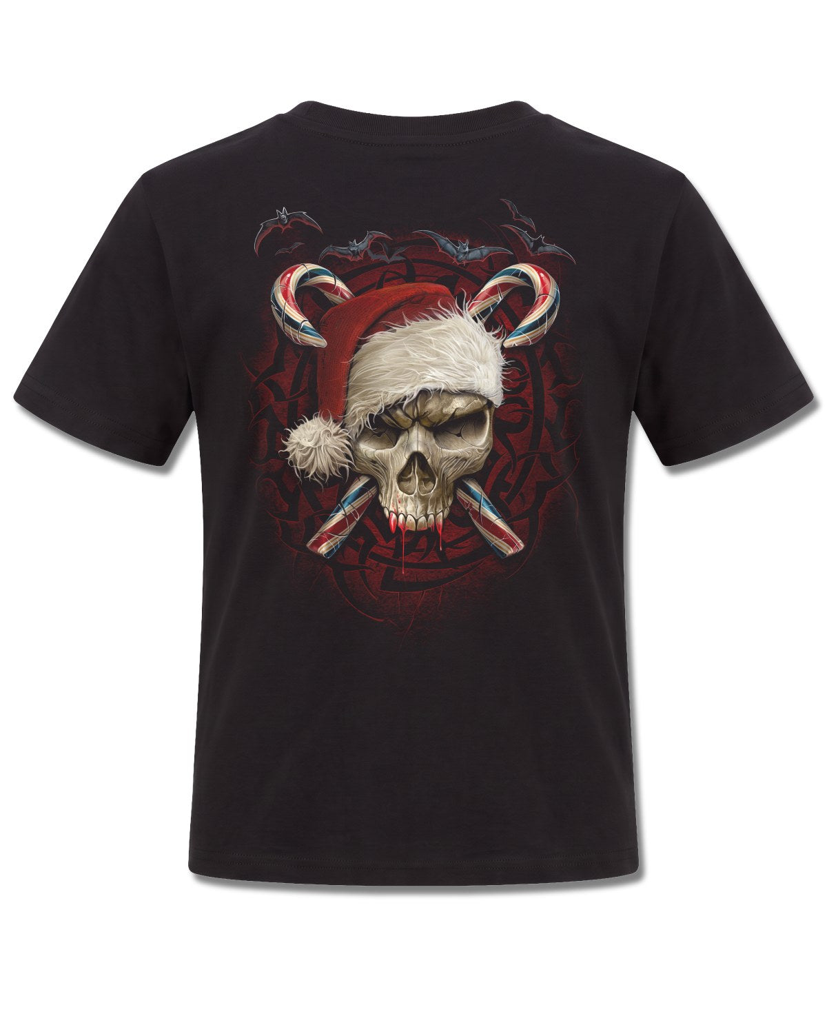 Spiral Candy Cane Santa design, back view on Black K101, Rock Off Retail official merch