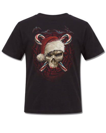 Spiral Candy Cane Santa design, back view on Black K101, Rock Off Retail official merch