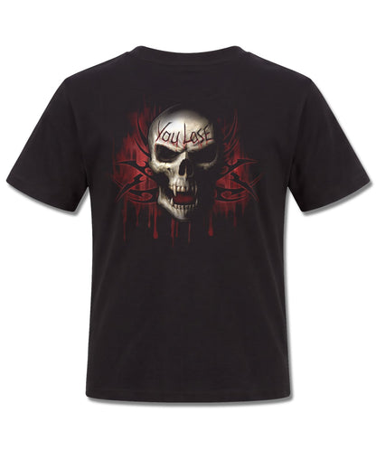 Spiral Game Over design, back view on Black K101, Rock Off Retail official merch