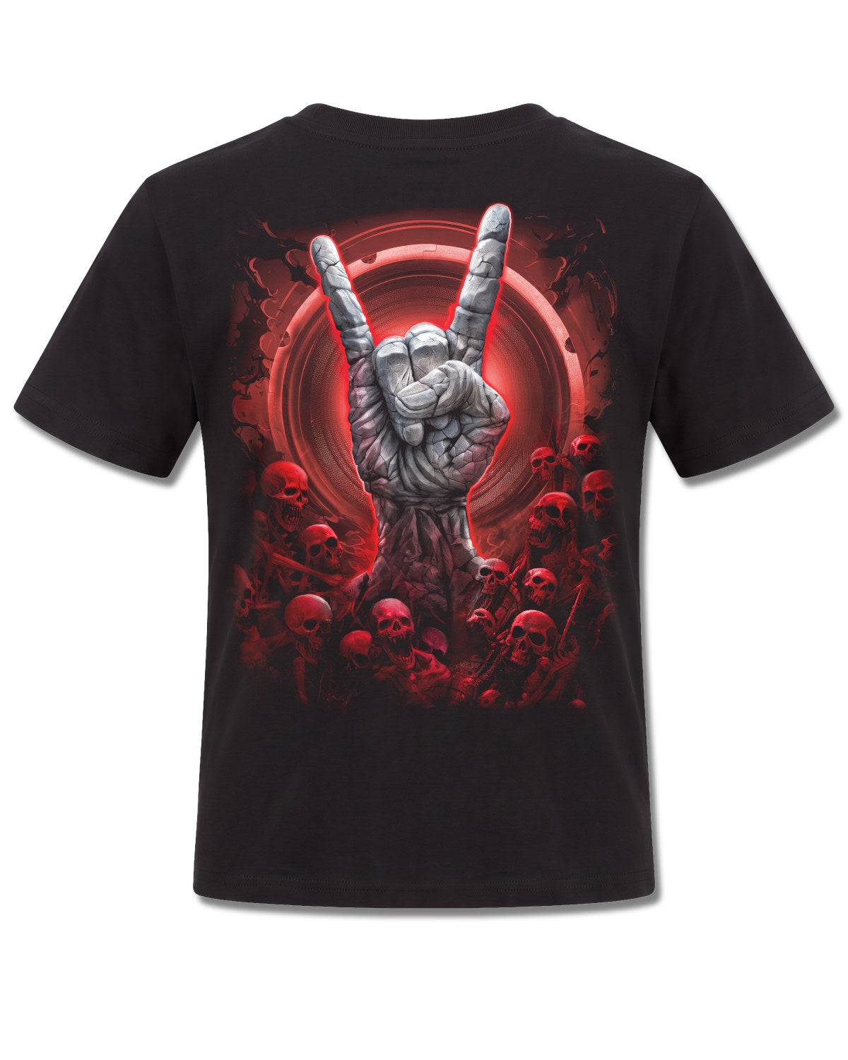 Spiral Tomb Of Rock design, back view on Black K101, Rock Off Retail official merch
