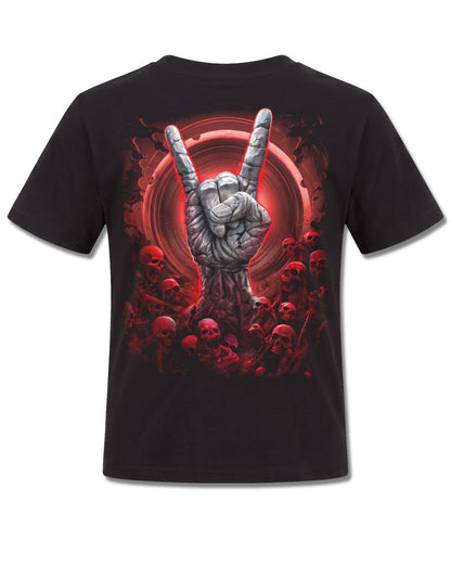 Spiral Tomb Of Rock design, back view on Black K101, Rock Off Retail official merch