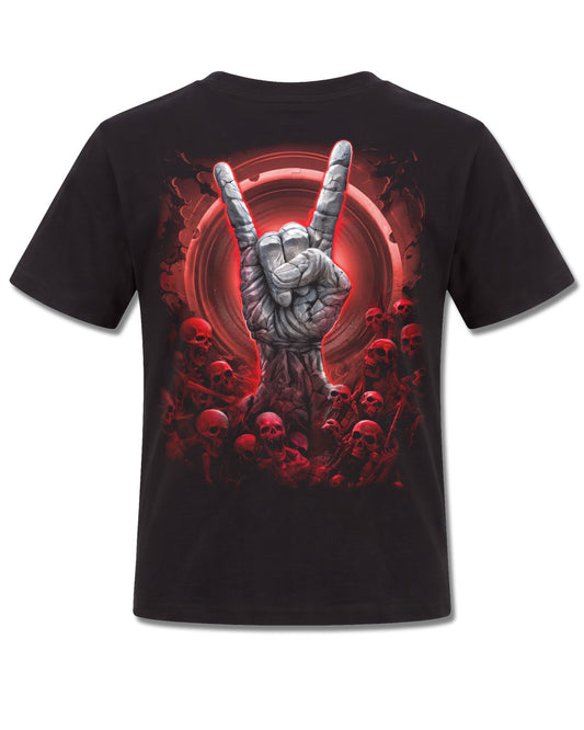 Spiral Tomb Of Rock design, back view on Black K101, Rock Off Retail official merch