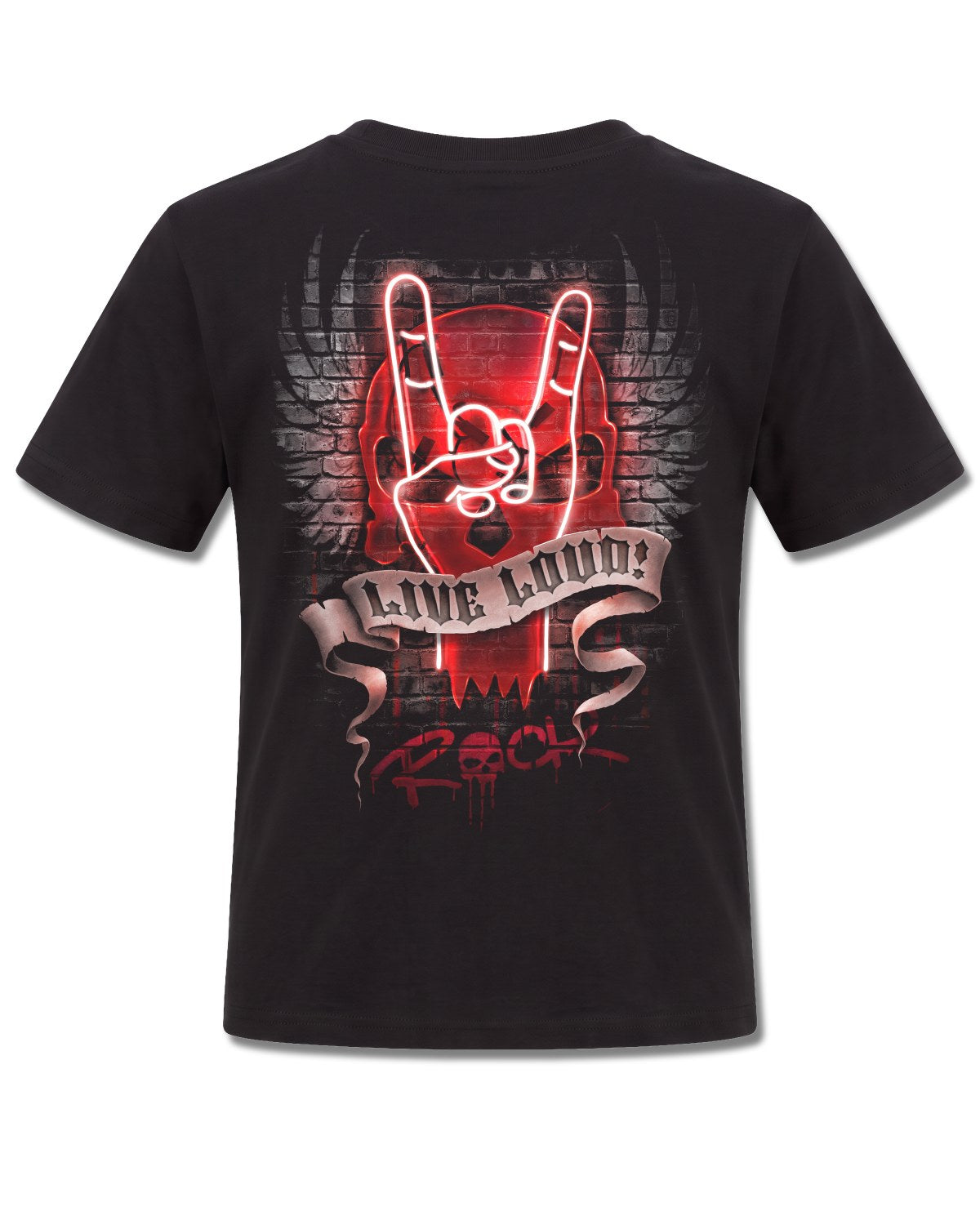 Spiral Live Loud design, back view on Black K101, Rock Off Retail official merch
