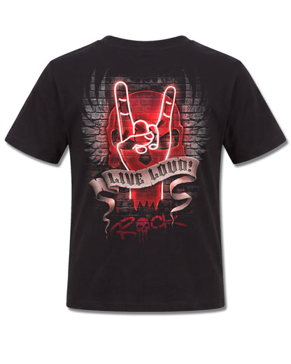 Spiral Live Loud design, back view on Black K101, Rock Off Retail official merch