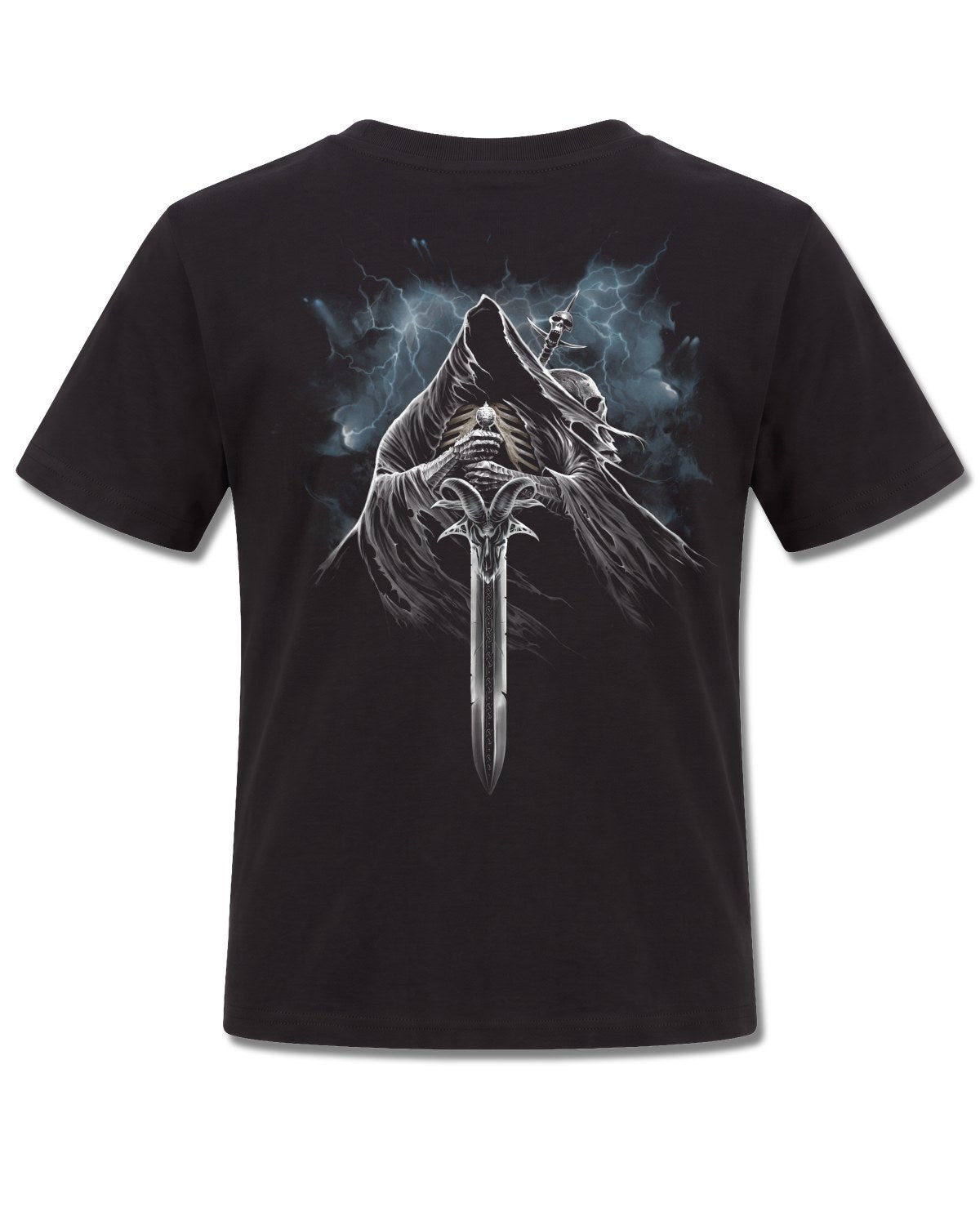 Spiral Grim Rider design, back view on Black K101, Rock Off Retail official merch