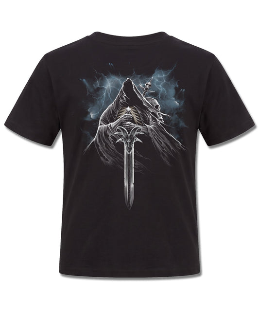 Spiral Grim Rider design, back view on Black K101, Rock Off Retail official merch