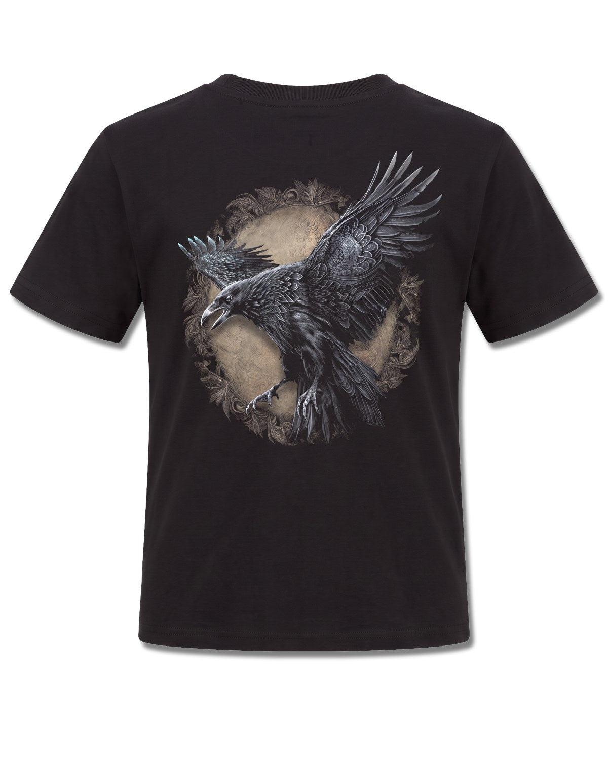 Spiral Raven Wise design, back view on Black K101, Rock Off Retail official merch