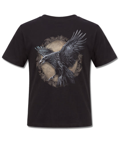 Spiral Raven Wise design, back view on Black K101, Rock Off Retail official merch