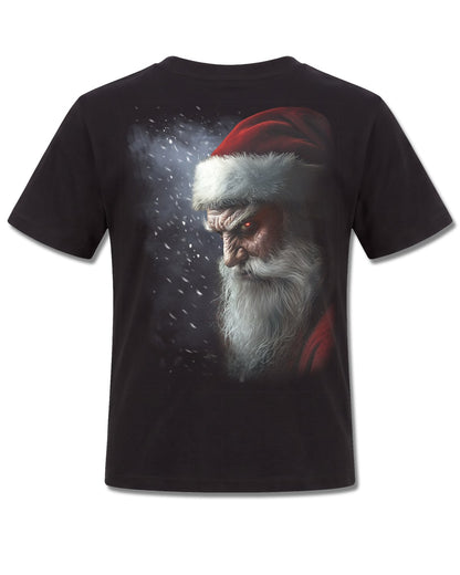 Spiral Naughty Or Nice Santa design, back view on Black K101, Rock Off Retail official merch