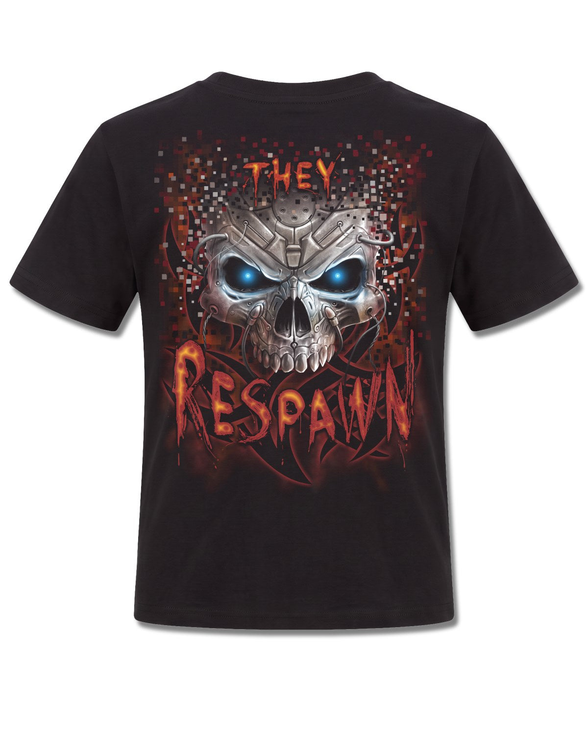 Spiral Respawn design, back view on Black K101, Rock Off Retail official merch
