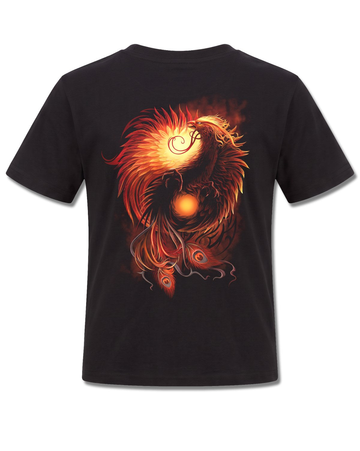Spiral Phoenix Arisen design, back view on Black K101, Rock Off Retail official merch