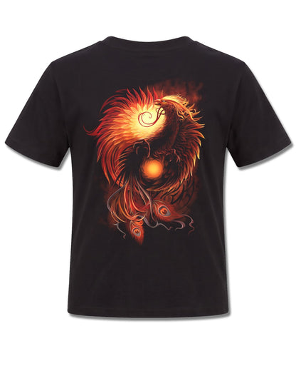 Spiral Phoenix Arisen design, back view on Black K101, Rock Off Retail official merch