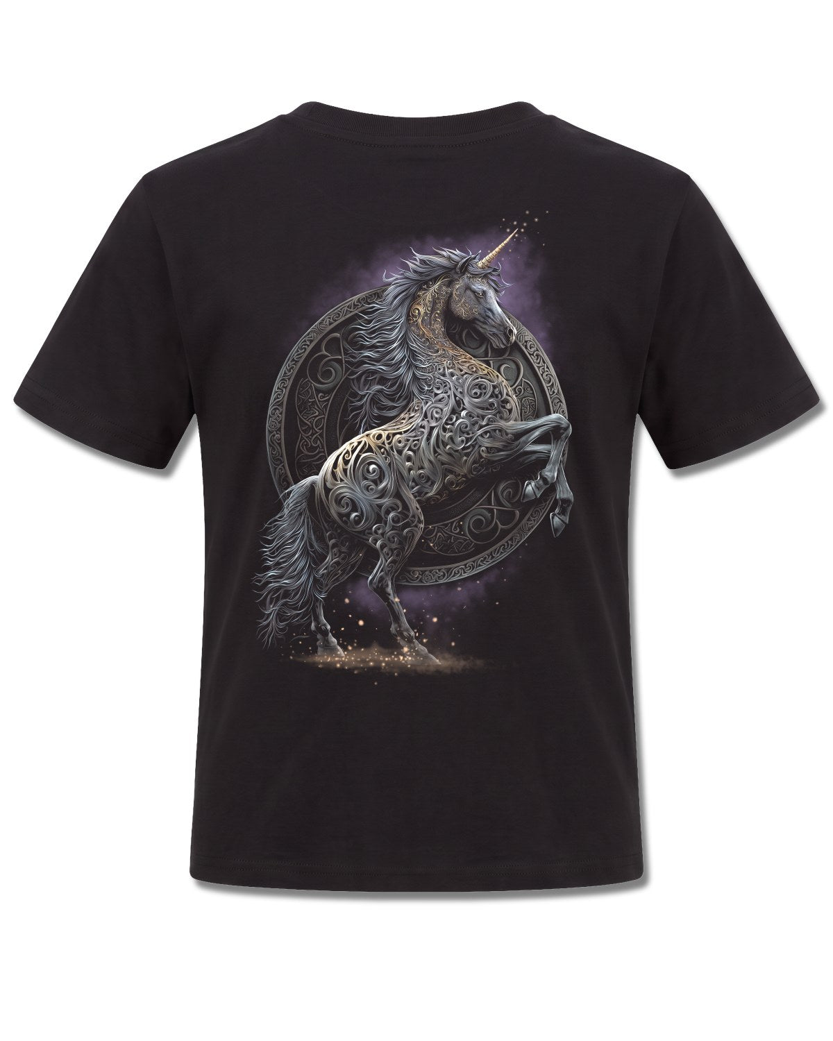 Spiral Celtic Unicorn design, back view on Black K101, Rock Off Retail official merch