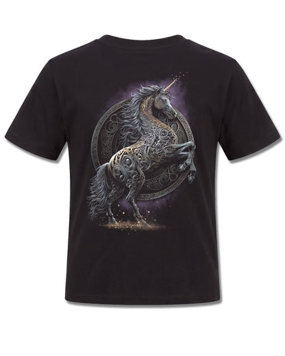 Spiral Celtic Unicorn design, back view on Black K101, Rock Off Retail official merch