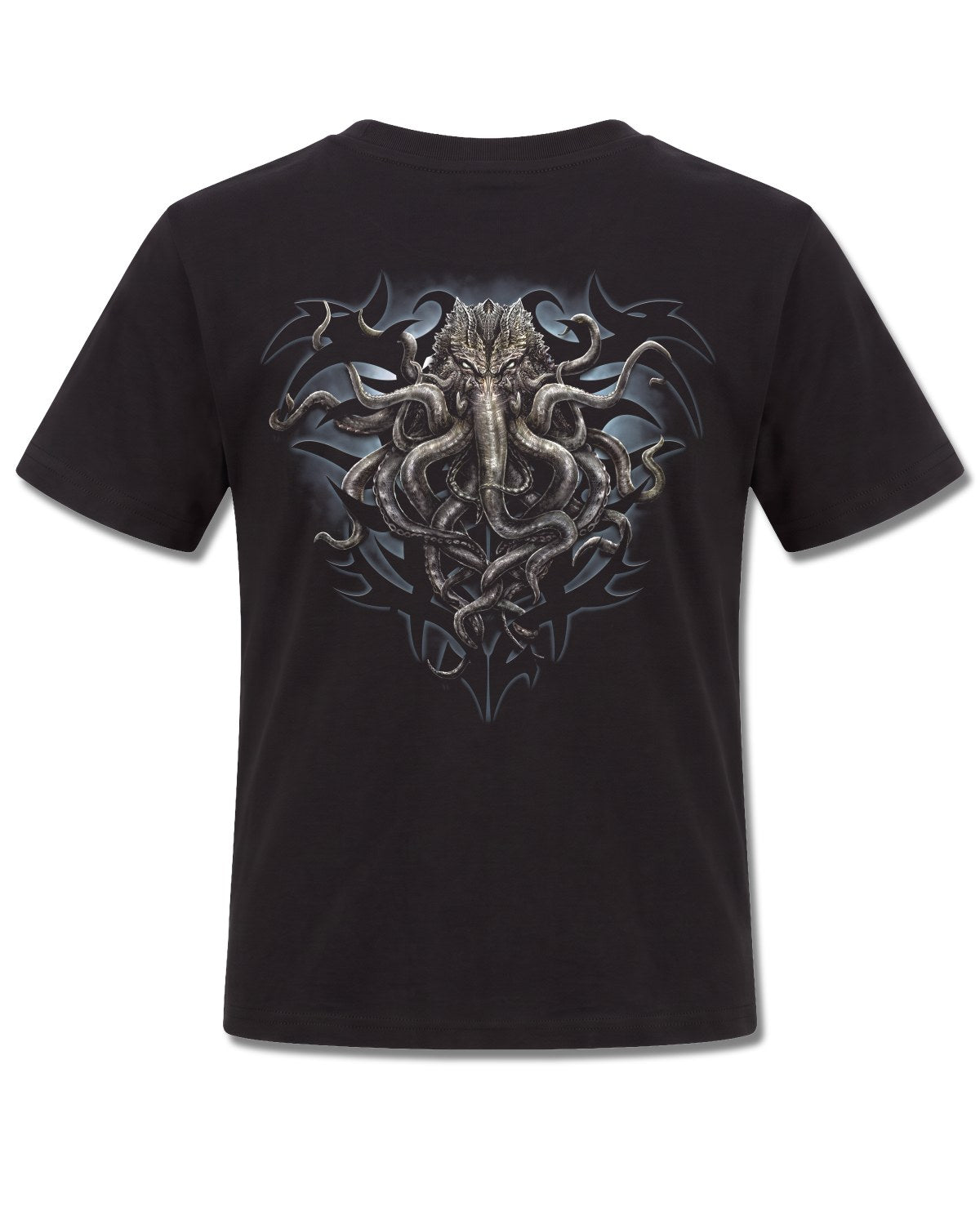 Spiral Cthulhu design, back view on Black K101, Rock Off Retail official merch