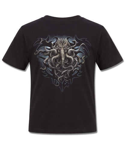 Spiral Cthulhu design, back view on Black K101, Rock Off Retail official merch