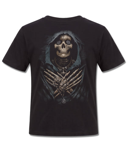 Spiral Ferryman design, back view on Black K101, Rock Off Retail official merch