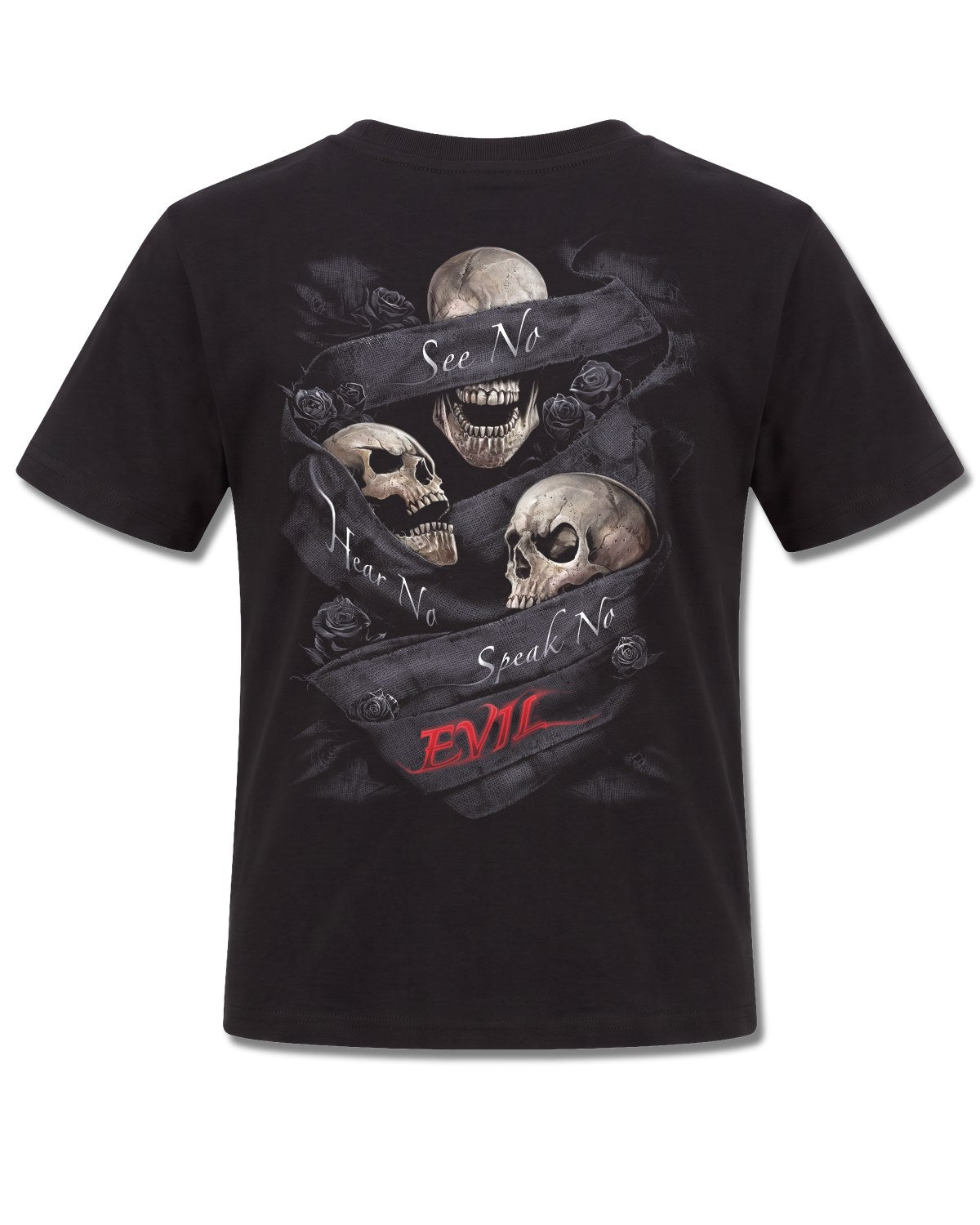 Spiral See No Evil design, back view on Black K101, Rock Off Retail official merch