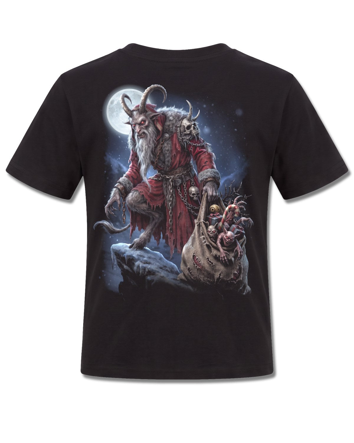 Spiral Krampus Night design, back view on Black K101, Rock Off Retail official merch