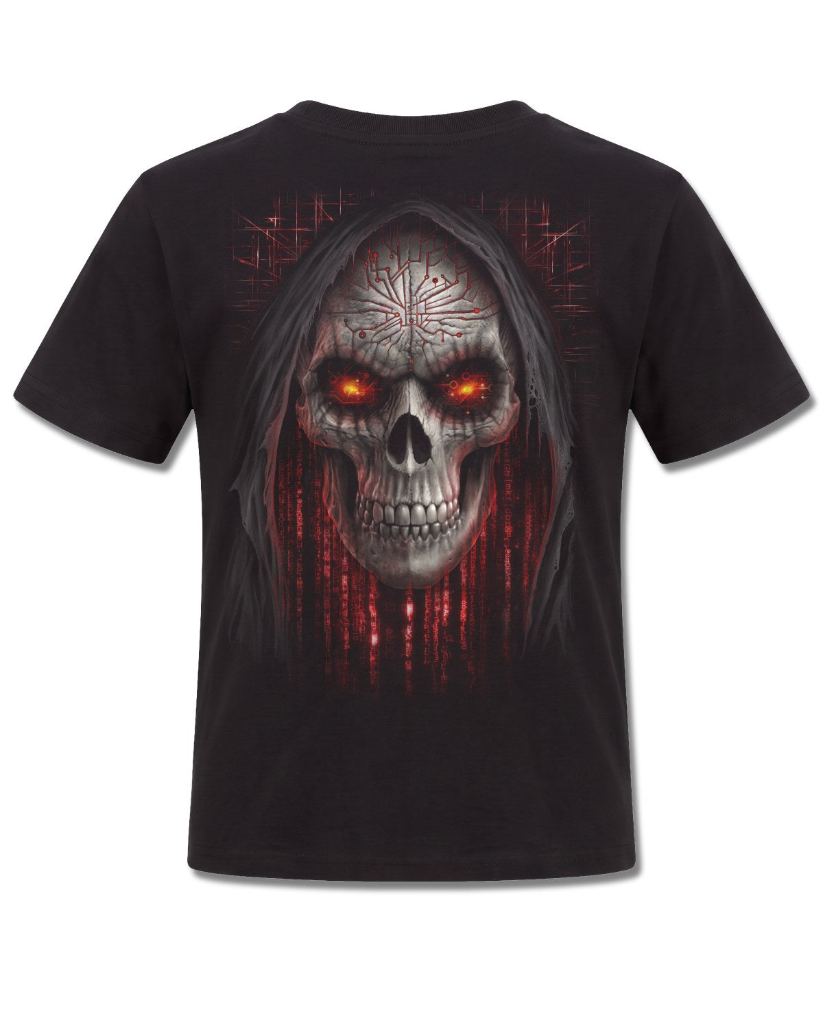Spiral Cyber Death design, back view on Black K101, Rock Off Retail official merch