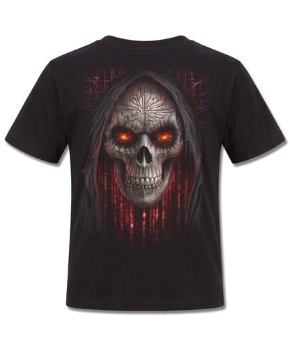 Spiral Cyber Death design, back view on Black K101, Rock Off Retail official merch