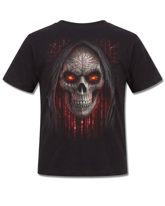 Spiral Cyber Death design, back view on Black K101, Rock Off Retail official merch