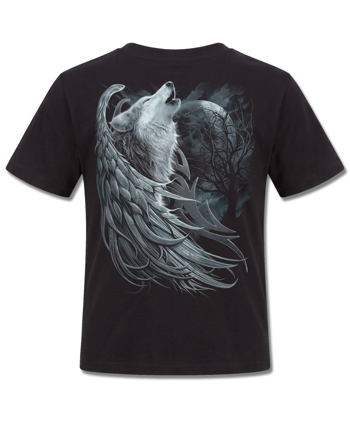Spiral Wolf Spirit design, back view on Black K101, Rock Off Retail official merch