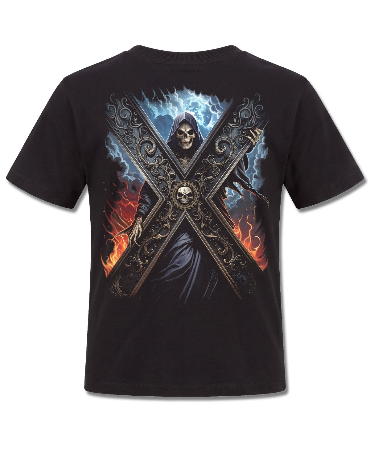 Spiral Crossed Over design, back view on Black K101, Rock Off Retail official merch