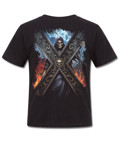 Spiral Crossed Over design, back view on Black K101, Rock Off Retail official merch