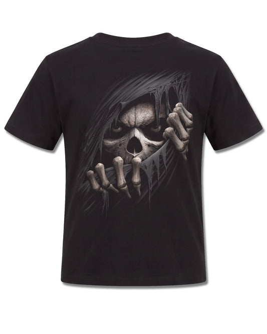 Spiral Grim Ripper design, back view on Black K101, Rock Off Retail official merch