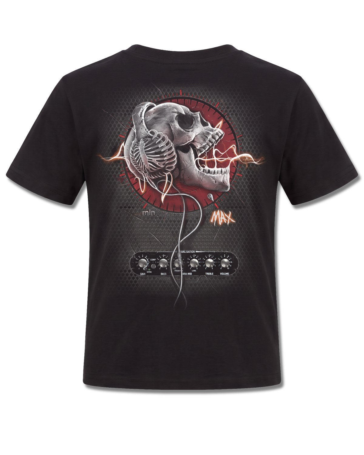 Spiral Never Too Loud design, back view on Black K101, Rock Off Retail official merch