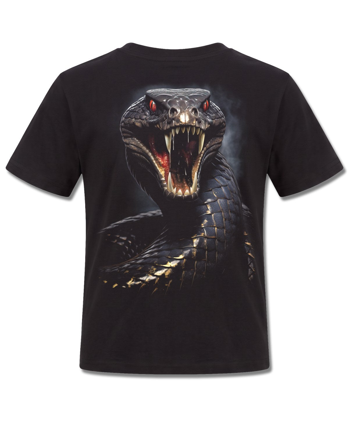 Spiral Basilisk design, back view on Black K101, Rock Off Retail official merch