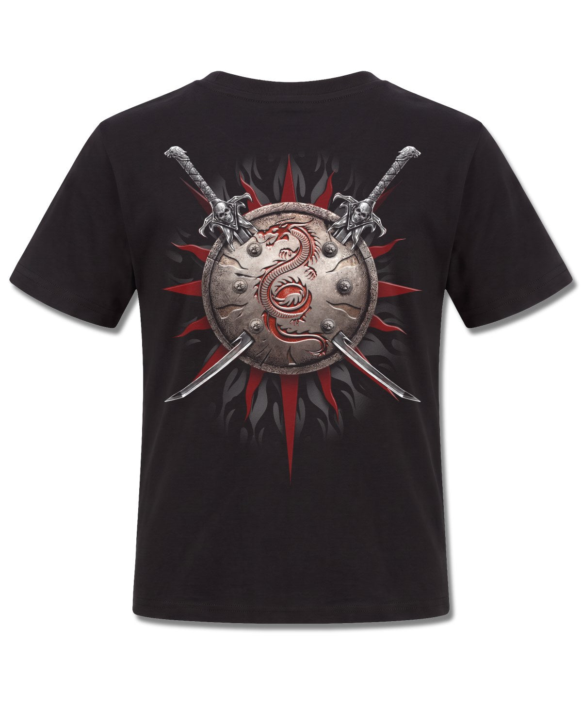Spiral Oriental Dragon design, back view on Black K101, Rock Off Retail official merch