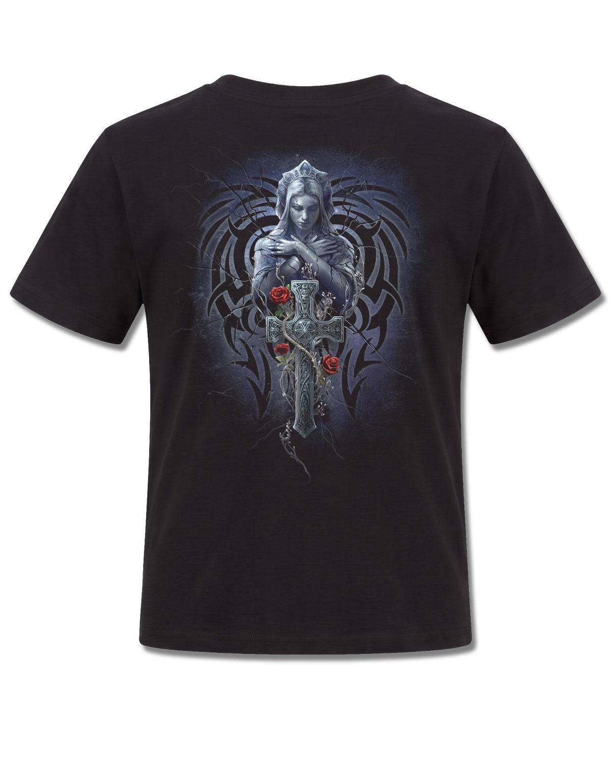 Spiral Grieving Angel design, back view on Black K101, Rock Off Retail official merch
