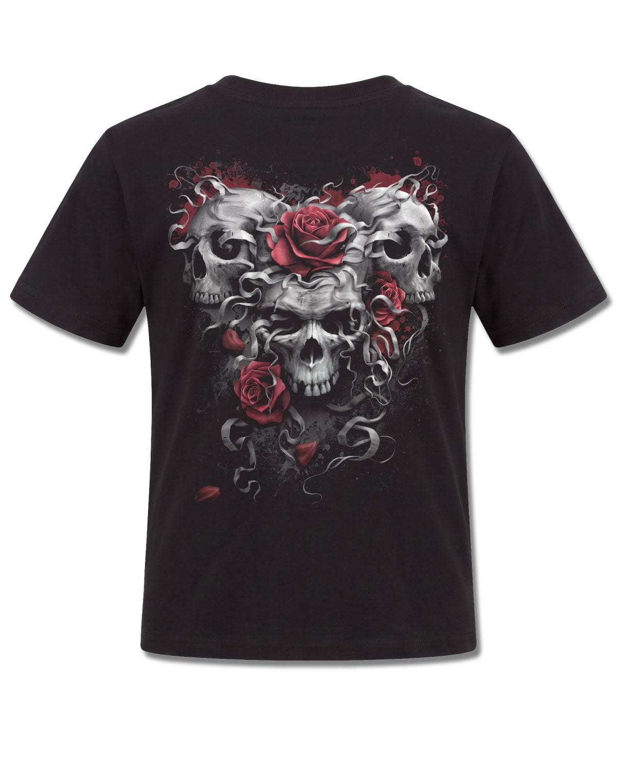 Spiral Skulls N' Roses design, back view on Black K101, Rock Off Retail official merch