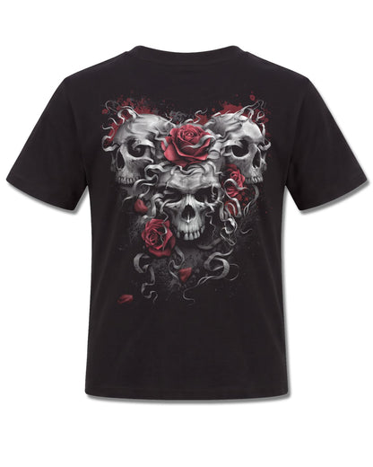 Spiral Skulls N' Roses design, back view on Black K101, Rock Off Retail official merch
