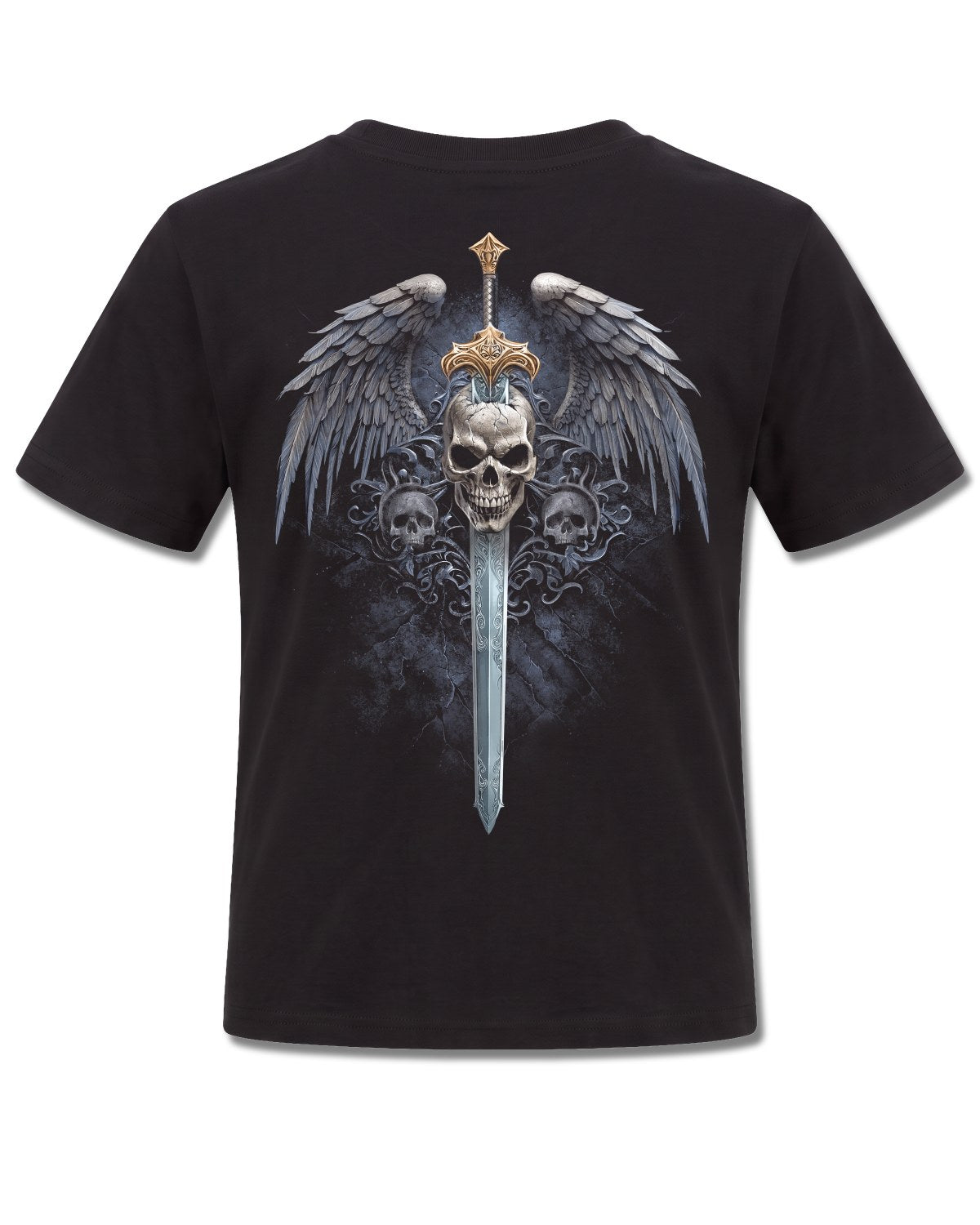 Spiral Angel Sword design, back view on Black K101, Rock Off Retail official merch