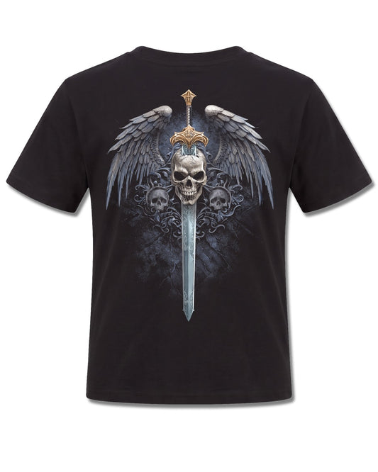 Spiral Angel Sword design, back view on Black K101, Rock Off Retail official merch