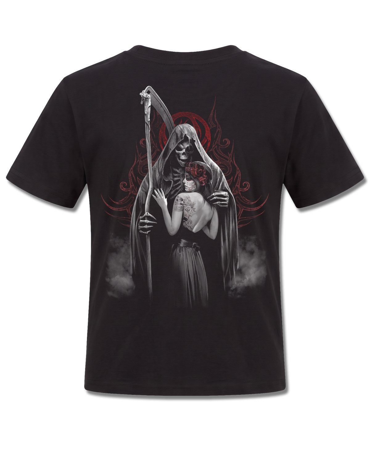 Spiral Dead Kiss design, back view on Black K101, Rock Off Retail official merch