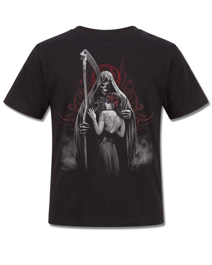 Spiral Dead Kiss design, back view on Black K101, Rock Off Retail official merch