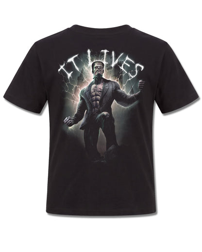 Spiral IT Lives design, back view on Black K101, Rock Off Retail official merch