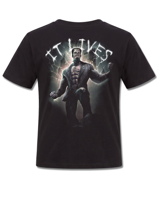 Spiral IT Lives design, back view on Black K101, Rock Off Retail official merch