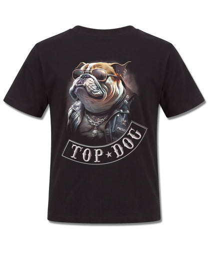 Spiral Top Dog design, back view on Black K101, Rock Off Retail official merch