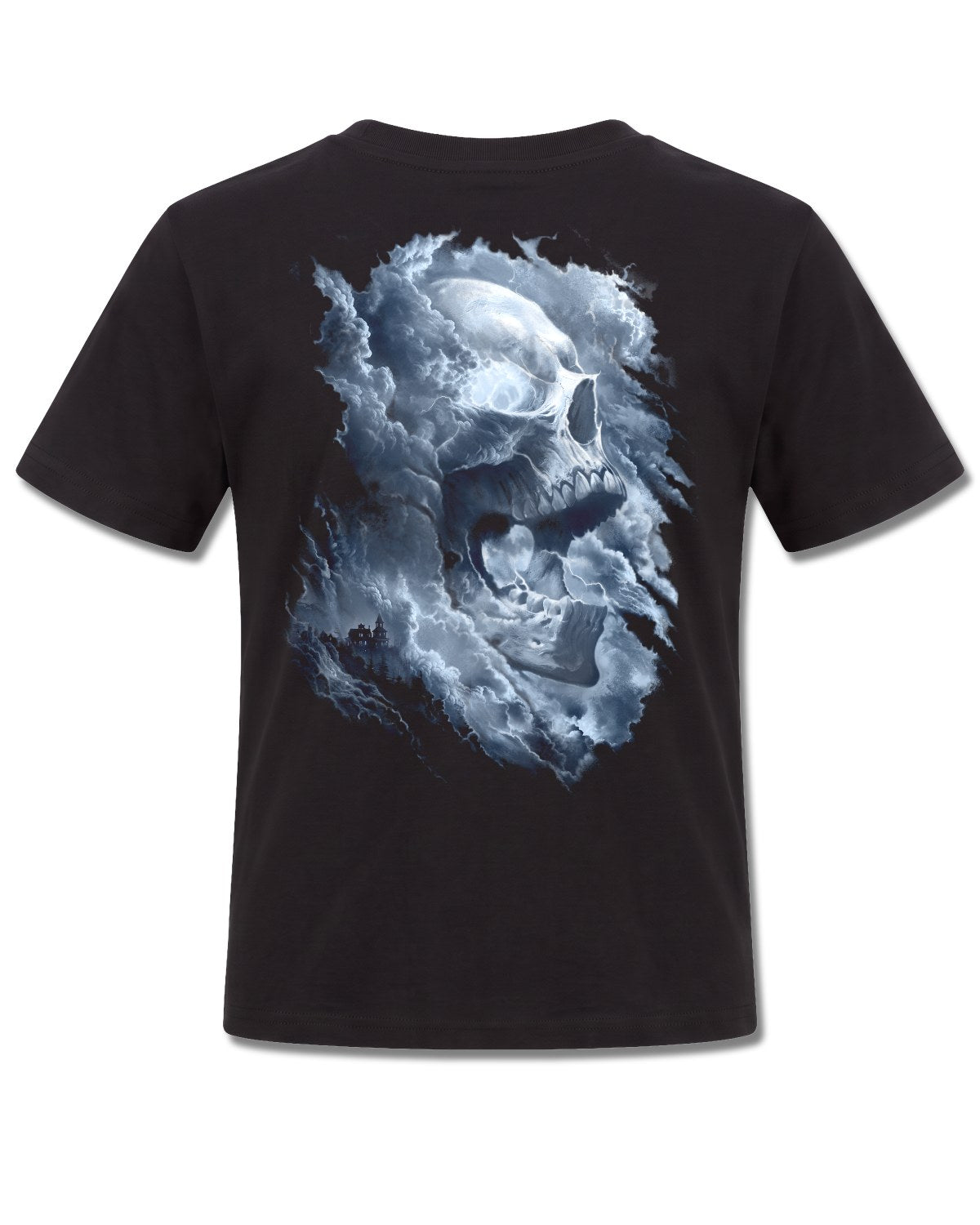 Spiral Grave Skies design, back view on Black K101, Rock Off Retail official merch