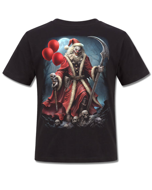 Spiral Santa Clown design, back view on Black K101, Rock Off Retail official merch