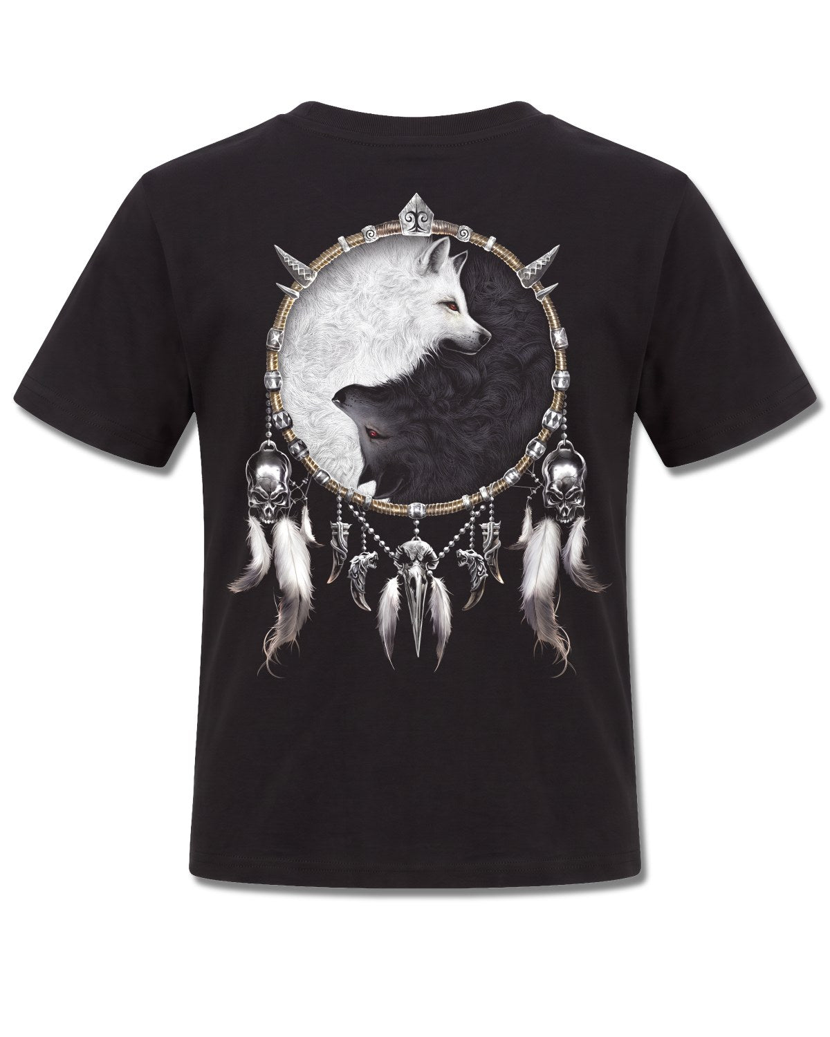 Spiral Wolf Chi design, back view on Black K101, Rock Off Retail official merch