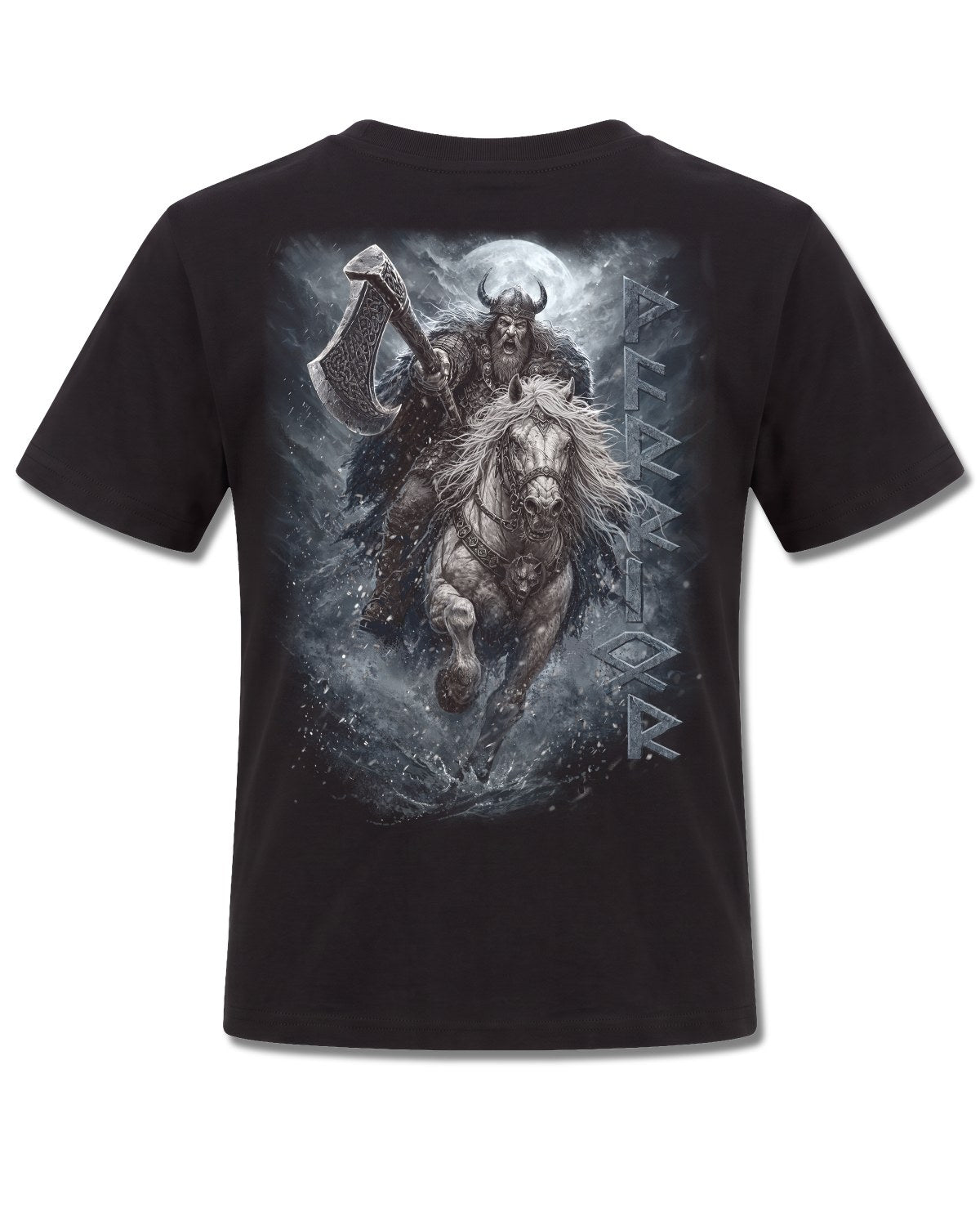 Spiral Viking Rampage design, back view on Black K101, Rock Off Retail official merch